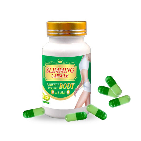 Magic slimming capsules for weight loss, featuring natural ingredients like lotus leaf and garcinia, in a bottle with green capsules.