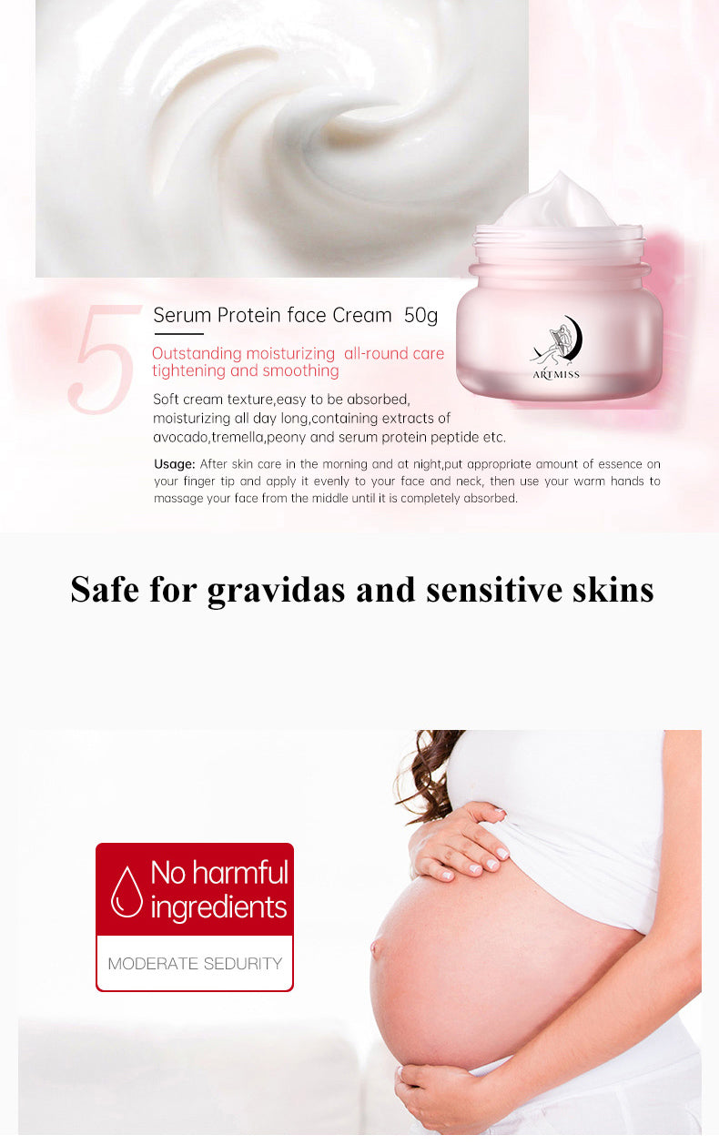 Korean skin care set with serum protein face cream, safe for sensitive skin.