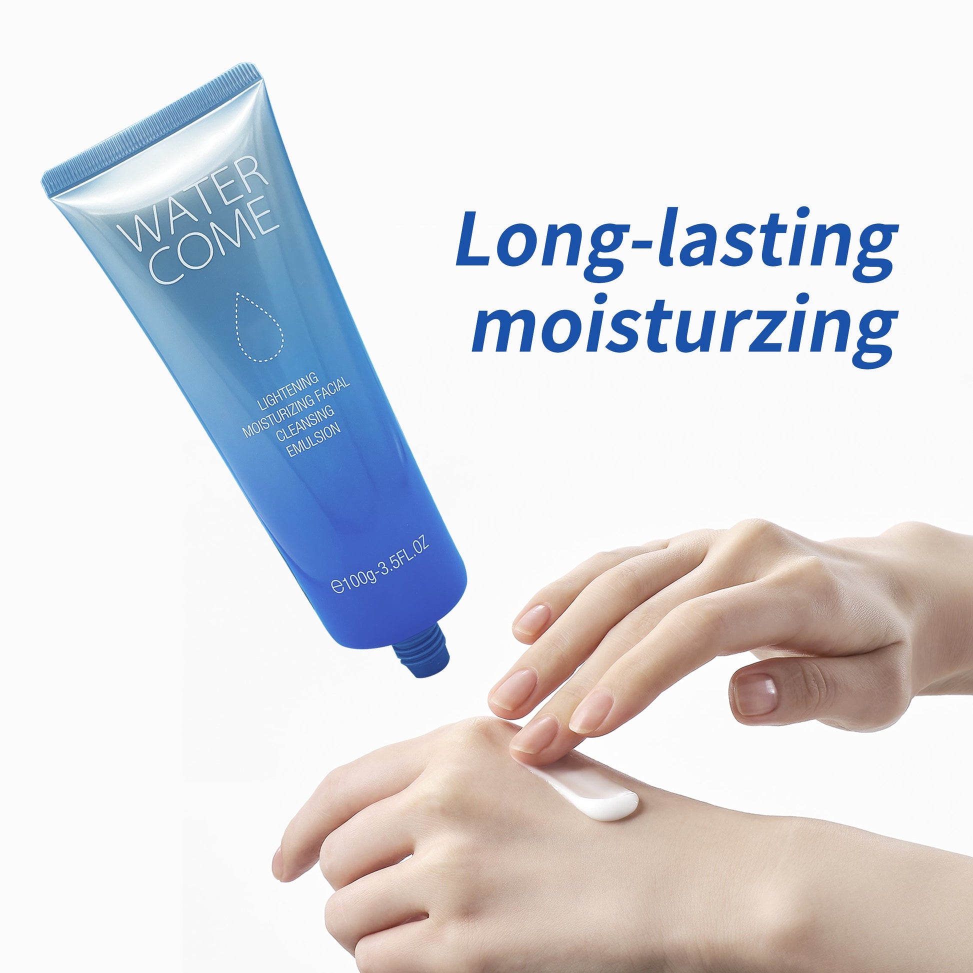 Organic aloe vera face wash tube with blue packaging, hand applying product, long-lasting moisturizing label.