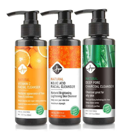 Natural face wash set with charcoal, kojic acid, and vitamin C cleansers, 150ml bottles.