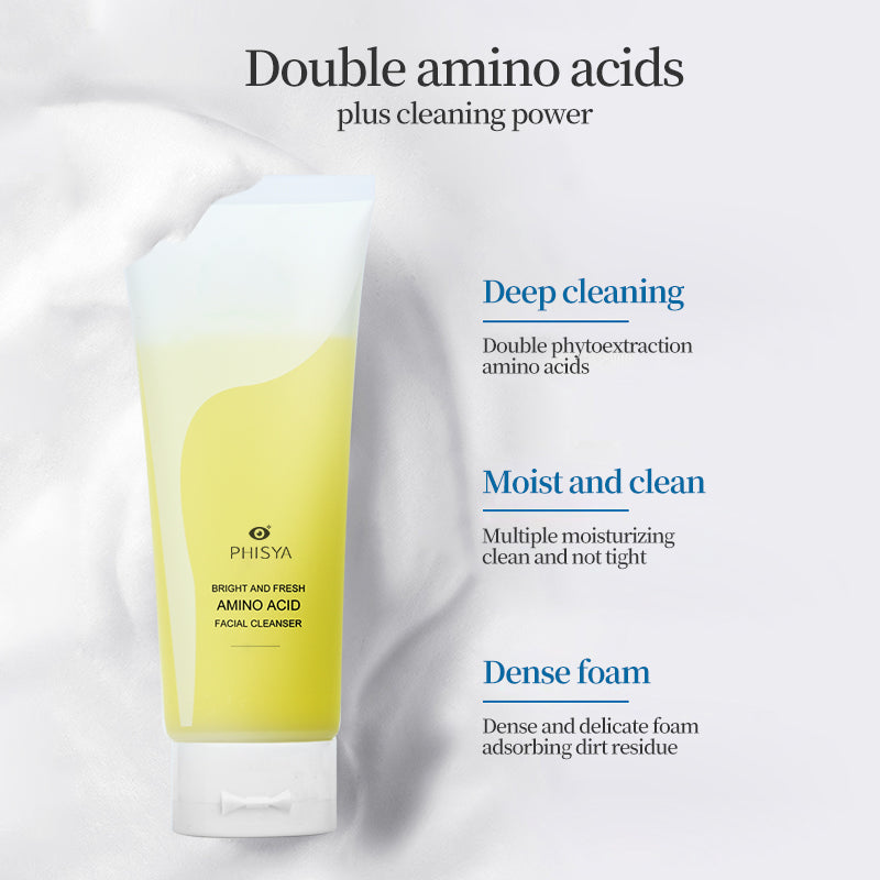 Moisturizing anti-acne cream cleanser with amino acids, highlighted features and benefits.