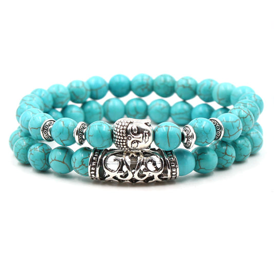 men Natural turquoise Stone Silver Lion owl Buddha Head bracelet jewelry sets