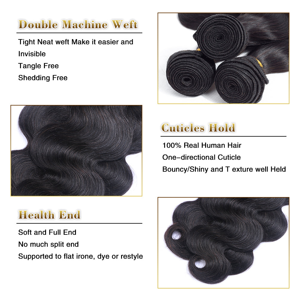 10 inch Brazilian body wave hair bundles with closure; raw, unprocessed 100% virgin Brazilian hair; tangle-free and shedding-free; suitable for styling.