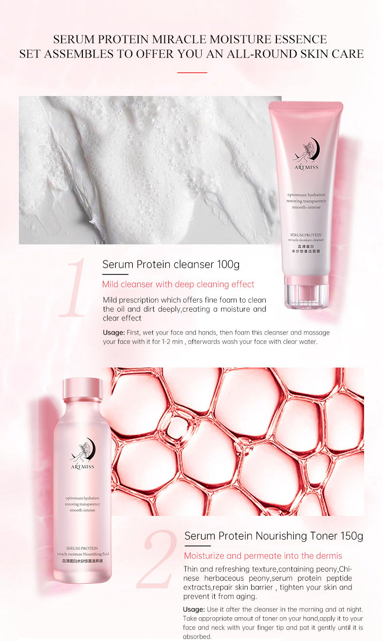 Professional Korean skincare set with serum protein cleanser and nourishing toner for anti-aging and whitening.