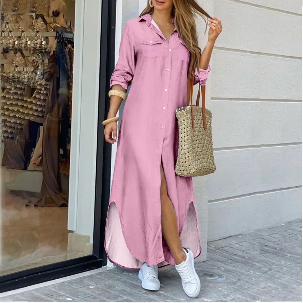 Summer shirt dress in pink, featuring long sleeves, a button-down front, casual style, and a length reaching the ankles.