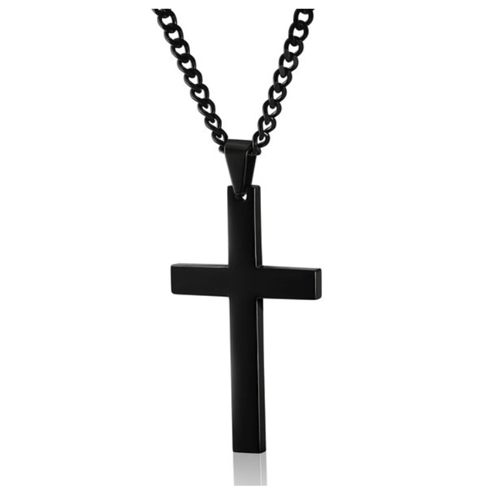 Stainless Steel Cross Necklace with black stainless steel pendant and matching chain