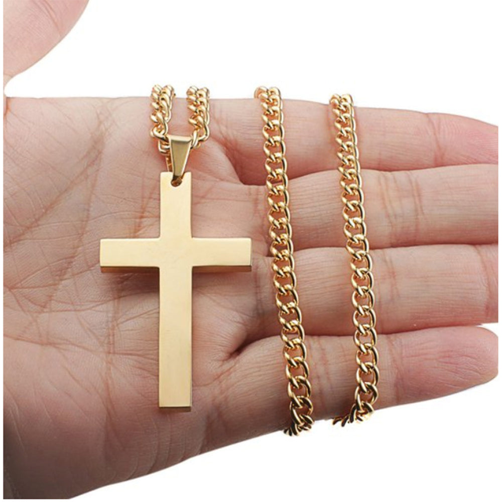 Stainless Steel Cross Necklace  gold-coloured pendant and chain displayed by hand