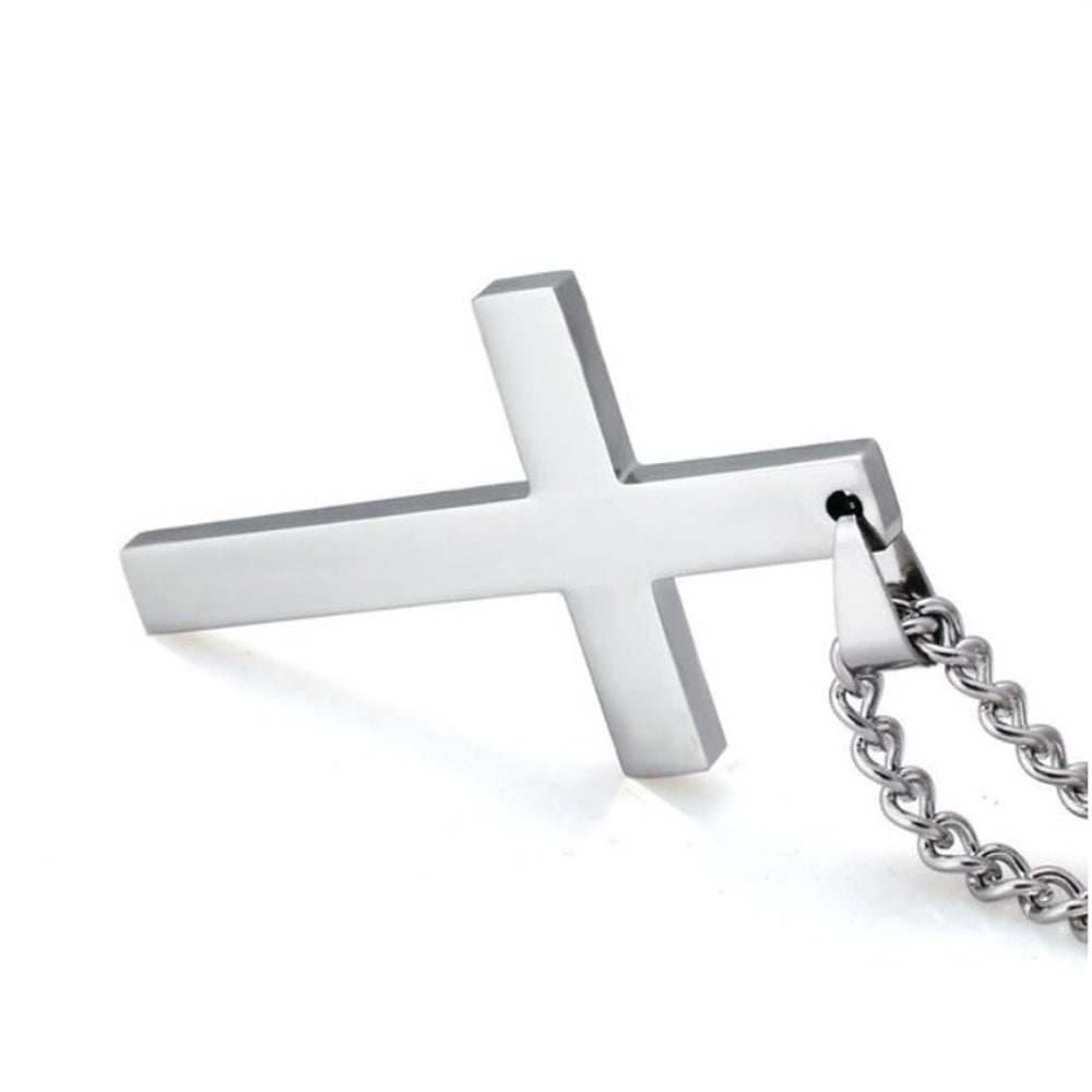 Stainless Steel Cross Necklace  silver-coloured pendant shown beside matching chain