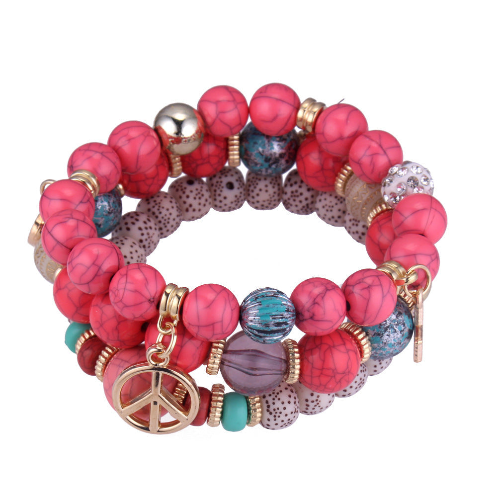 Beaded Charm Bracelet Set with turquoise red and patterned beads