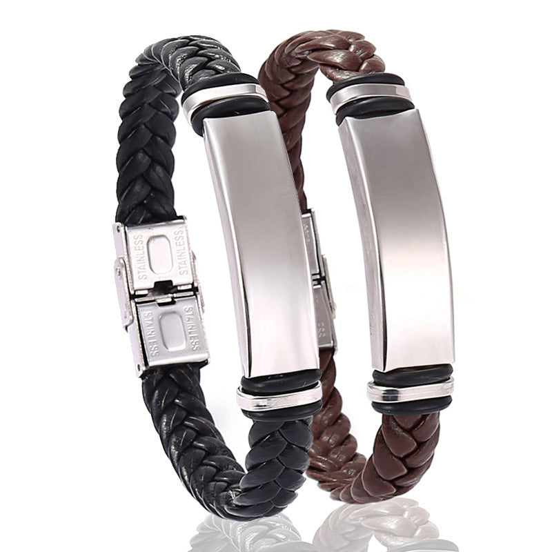 Braided Leather Cuff Bracelet in black, brown displayed 