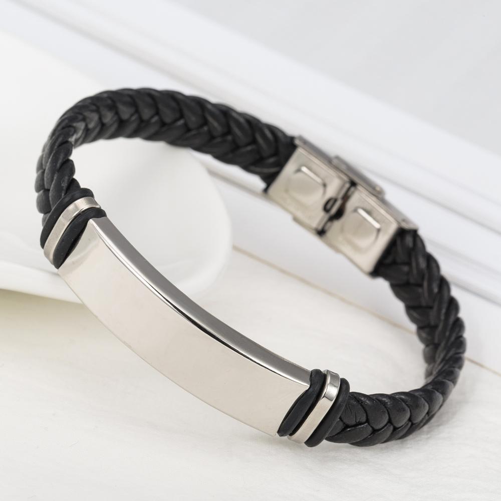Braided Leather Cuff Bracelet in black with polished steel plate