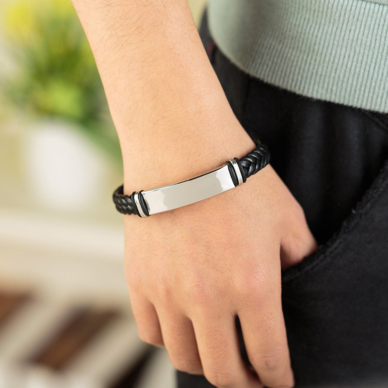 Braided Leather Cuff Bracelet in Black worn on the wrist