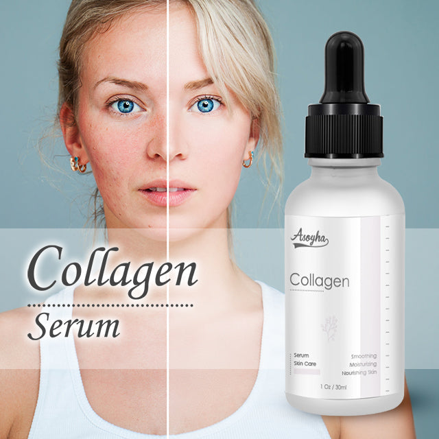 Collagen Serum displayed beside model with radiant-looking skin