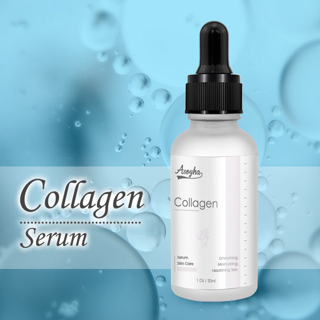 Collagen Serum with vitamin C and niacinamide on blue background