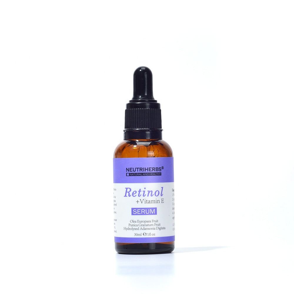 Retinol Vitamin E Serum in amber 30 ml dropper bottle