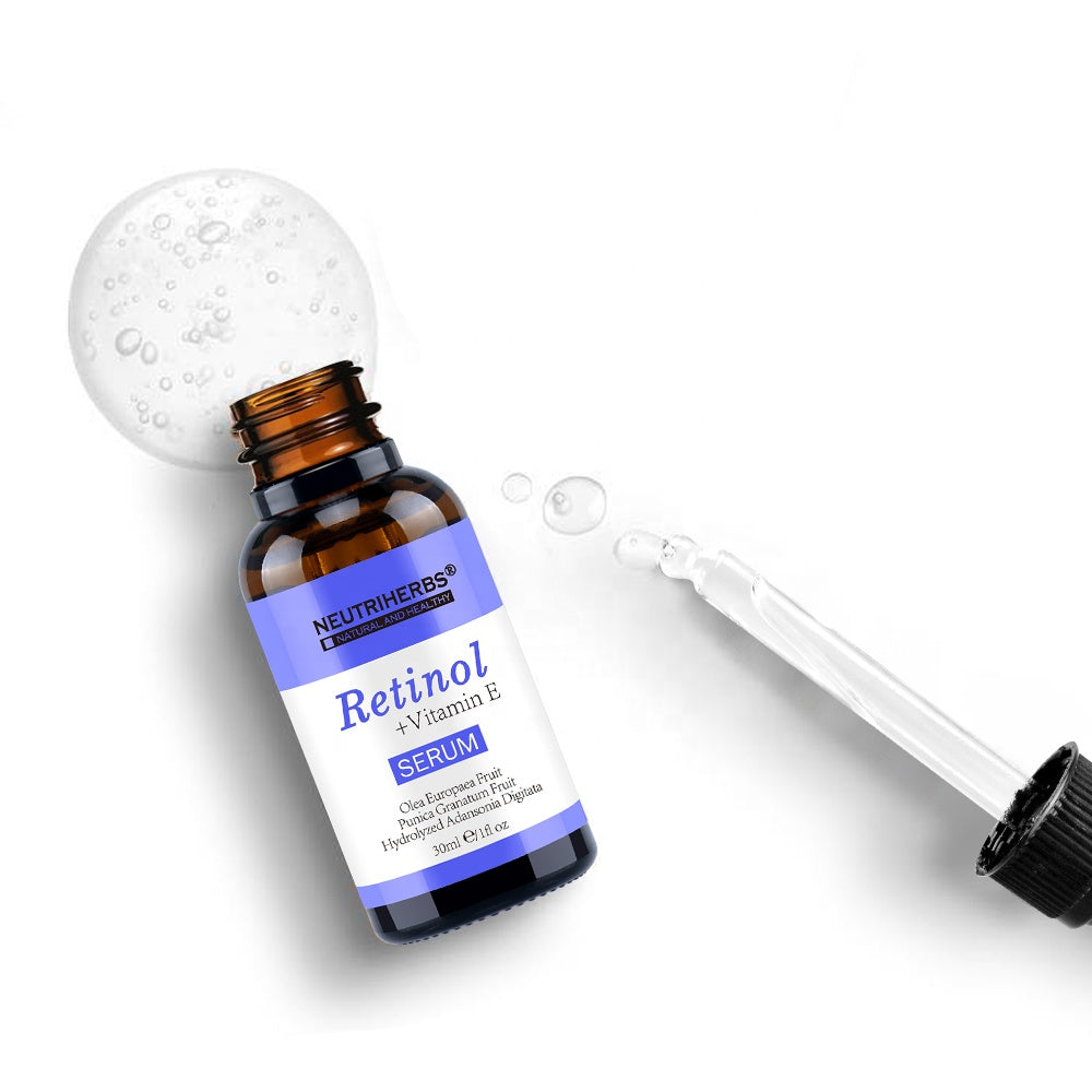 Retinol Vitamin E Serum bottle with dropper and liquid texture detail