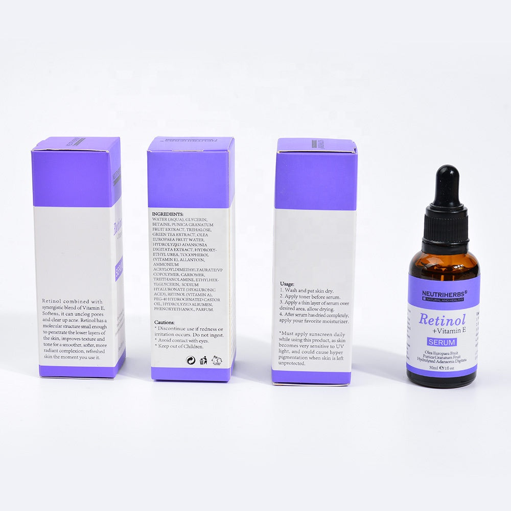 Retinol Vitamin E Serum bottle with dropper and liquid texture detail