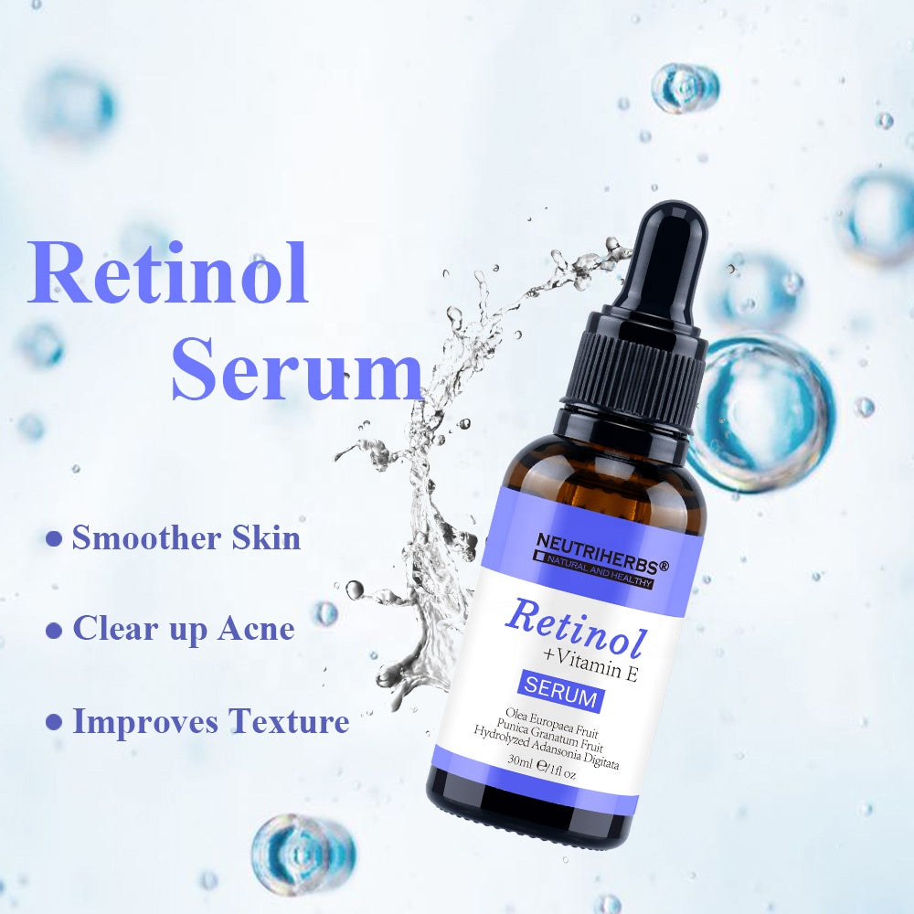 Retinol Vitamin E Serum skincare presentation with highlighted features