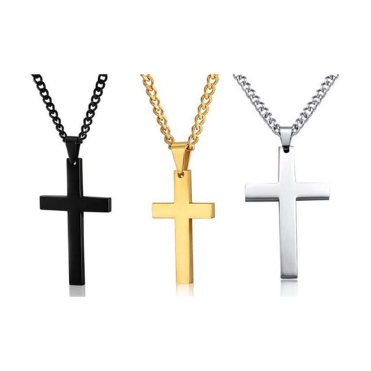 Unisex Cross Necklace in black, gold and silver stainless steel finishes